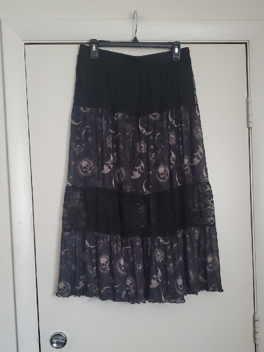 Hot Topic's Black Gold Celestial Skulls Midi Skirt with Moon Print - Picture 2 of 11